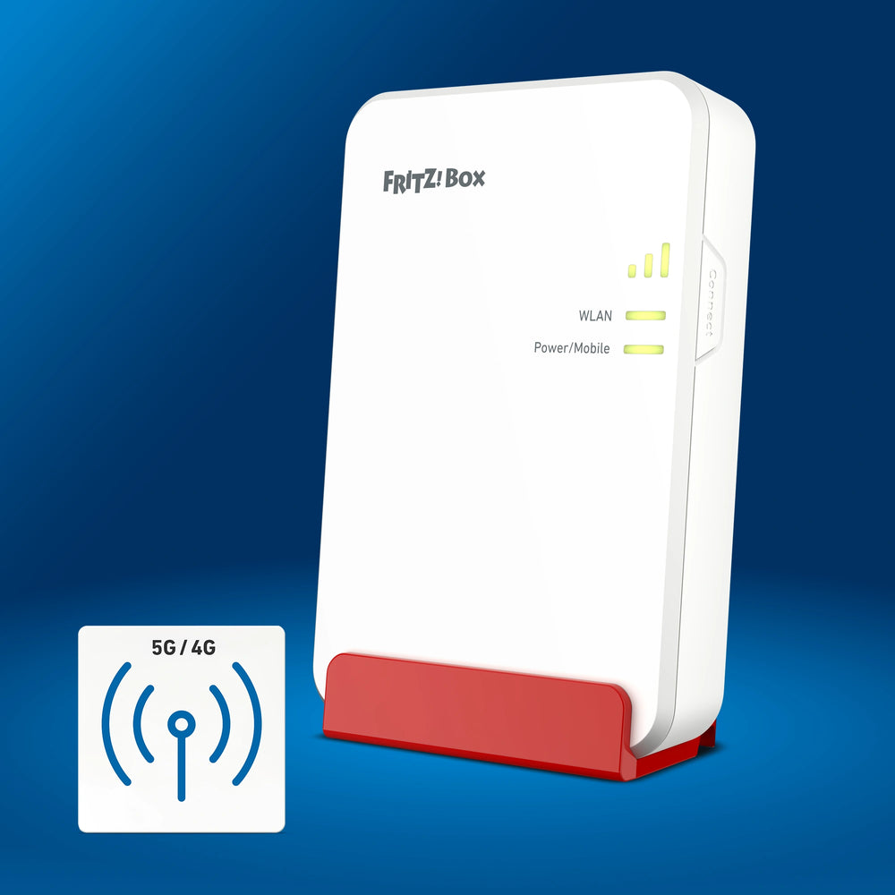 FRITZ!Box 6860 5G Router mit WLAN, 5G/4G-Funkempfang und leuchtenden Statusanzeigen auf blauem Hintergrund.