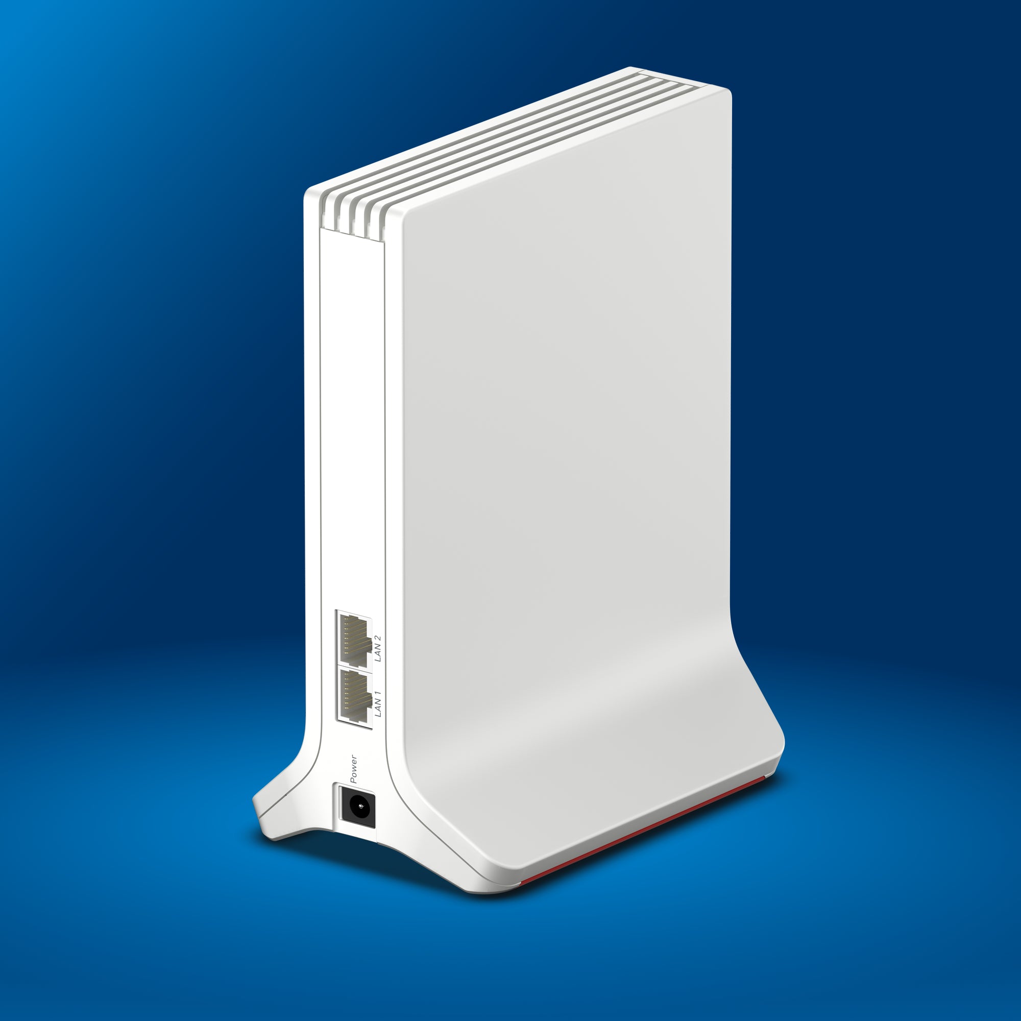 FRITZ!Repeater 3000 AX auf blauem Hintergrund, starkes Wi-Fi 6, Triband-Repeater mit schneller WLAN-Reichweite.