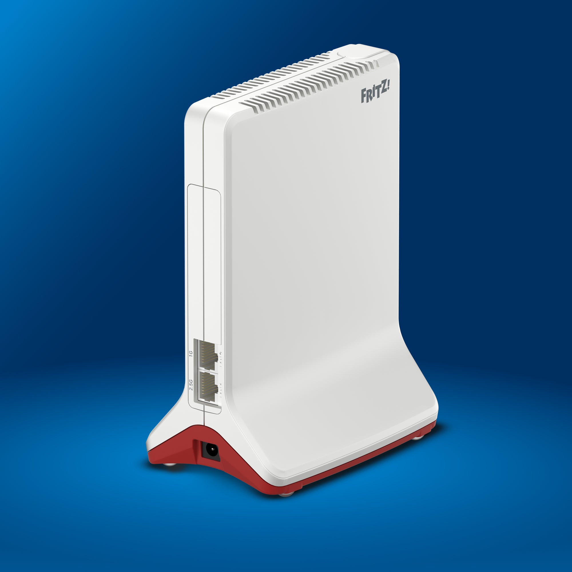 FRITZ!Repeater 6000 auf blauem Hintergrund, Hochgeschwindigkeits-WLAN-Repeater mit 6 GBit/s.