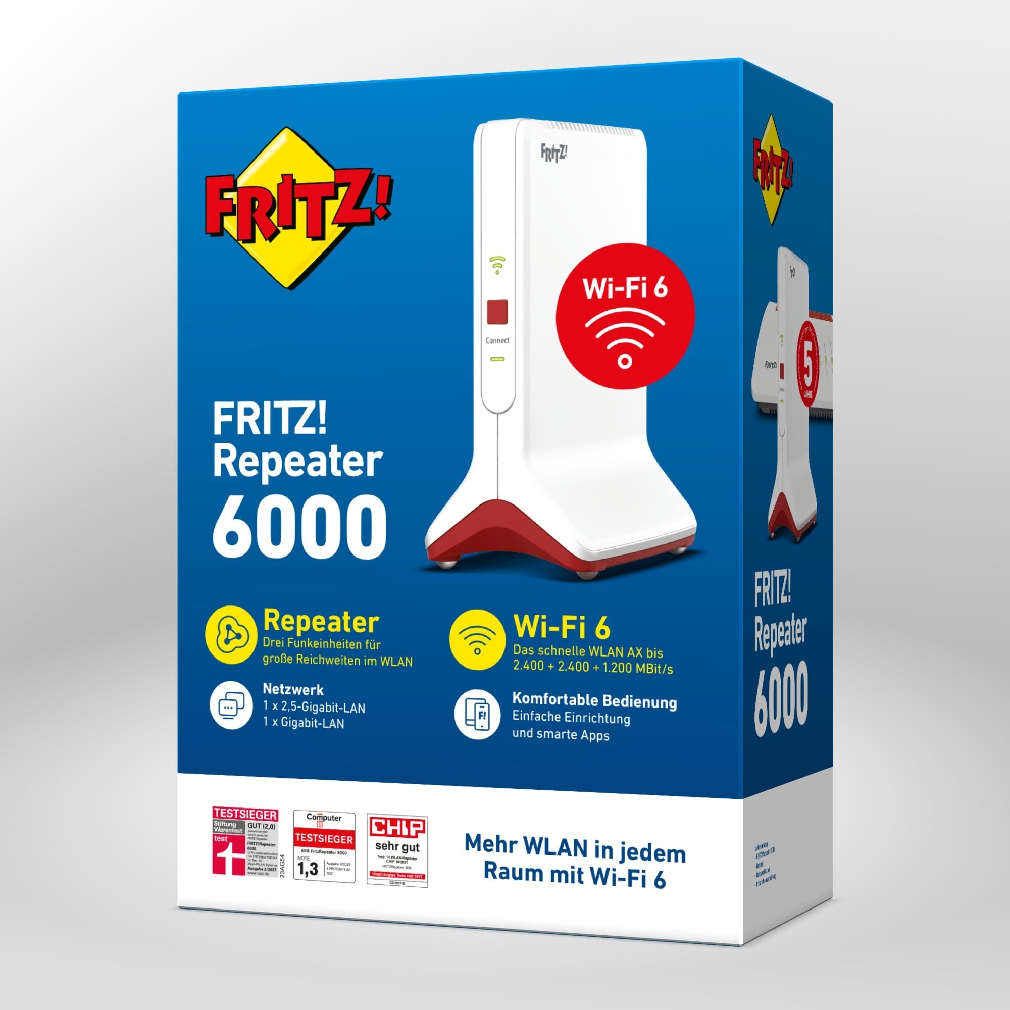 Verpackung von FRITZ!Repeater 6000 auf grauem Hintergrund, Wi-Fi 6 Unterstützung und hohe Datenrate.
