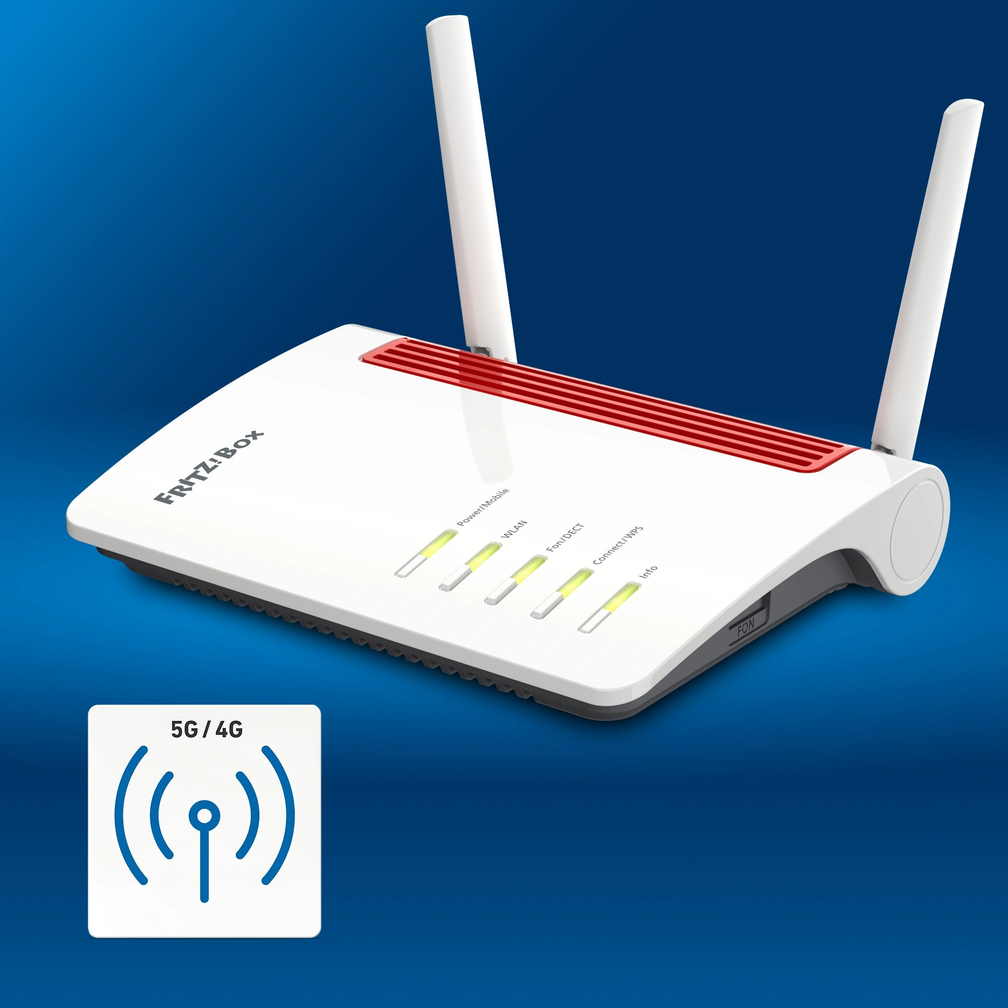 FRITZ!Box 6850 5G Router mit WLAN-Anzeige und Antennen auf blauem Hintergrund