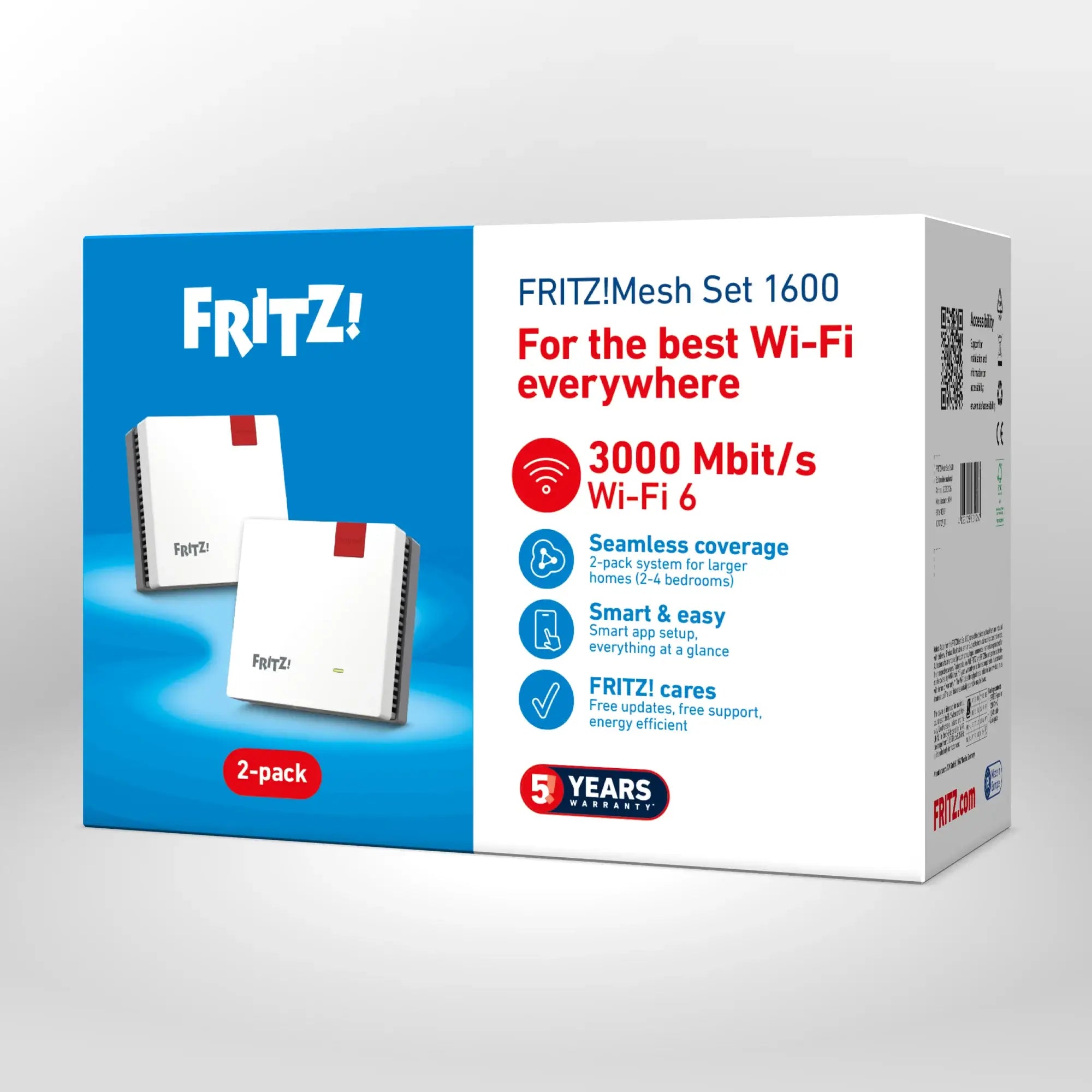 Verpackung von FRITZ!Mesh Set 1600 auf grauem Hintergrund