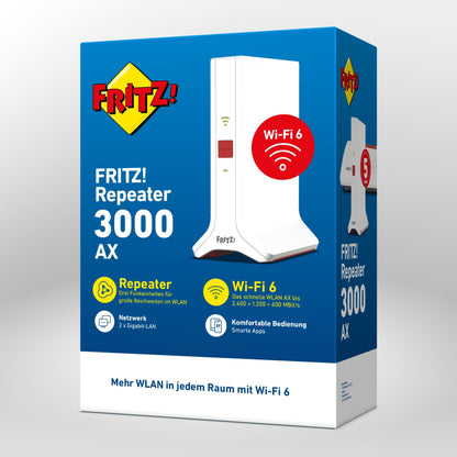 Verpackung von FRITZ!Repeater 3000 AX auf grauem Hintergrund mit Wi-Fi 6 Symbol und technischen Details.