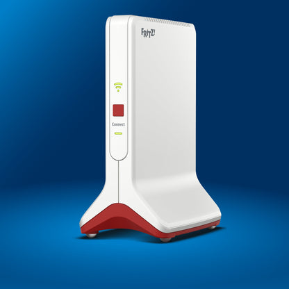 FRITZ!Repeater 6000 auf blauem Hintergrund, leistungsstarker Triband-Repeater für Wi-Fi 6, stabile Verbindung und hohe Reichweite.