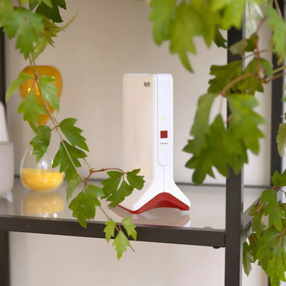 FRITZ!Repeater 6000 auf einem Regal mit grünen Pflanzen, der Triband-Repeater für WLAN 6 mit hoher Reichweite.