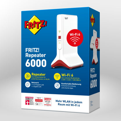 Verpackung von FRITZ!Repeater 6000 auf grauem Hintergrund, Wi-Fi 6 Unterstützung und hohe Datenrate.